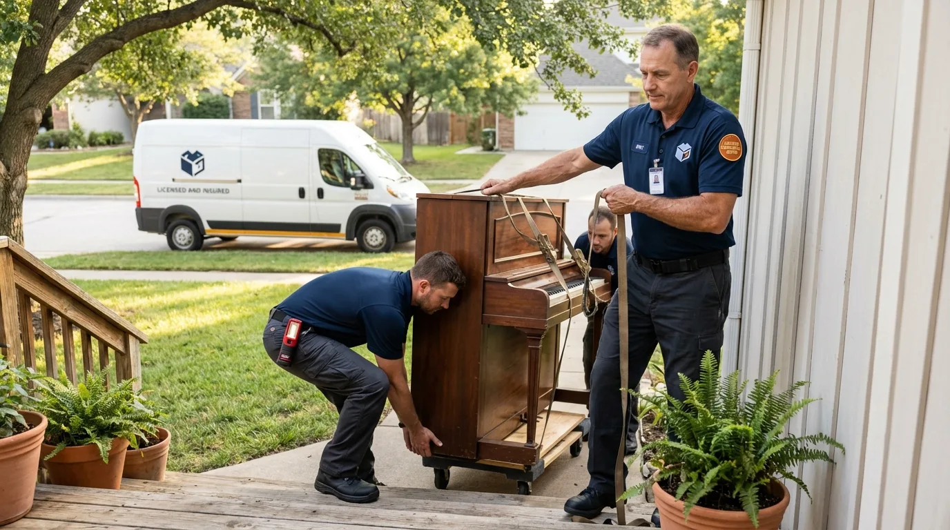 Licensed piano movers securing grand piano in Philip, SD