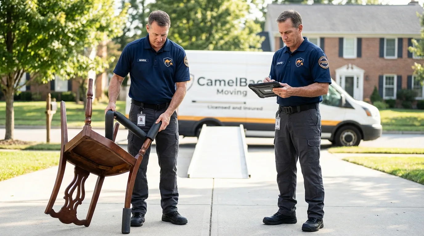 Movers inspecting furniture for damage prevention before loading in Philip, SD