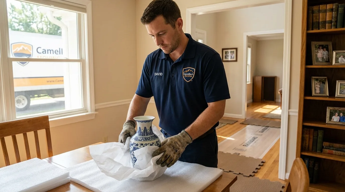 Professional crew carefully wrapping antique vase for senior downsizing move in Philip, SD